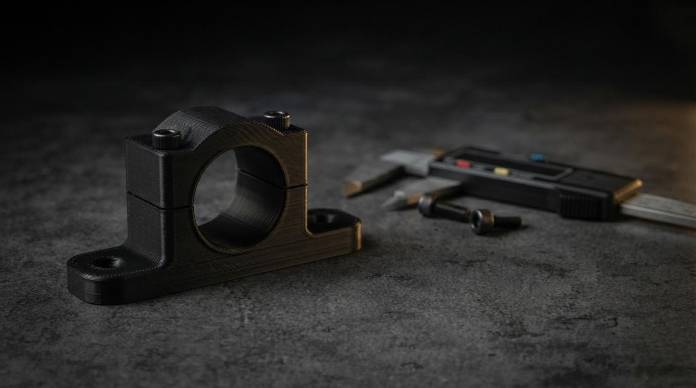 Soporte de rodamiento fabricado en impresión 3D junto a un calibrador digital y tornillos de montaje