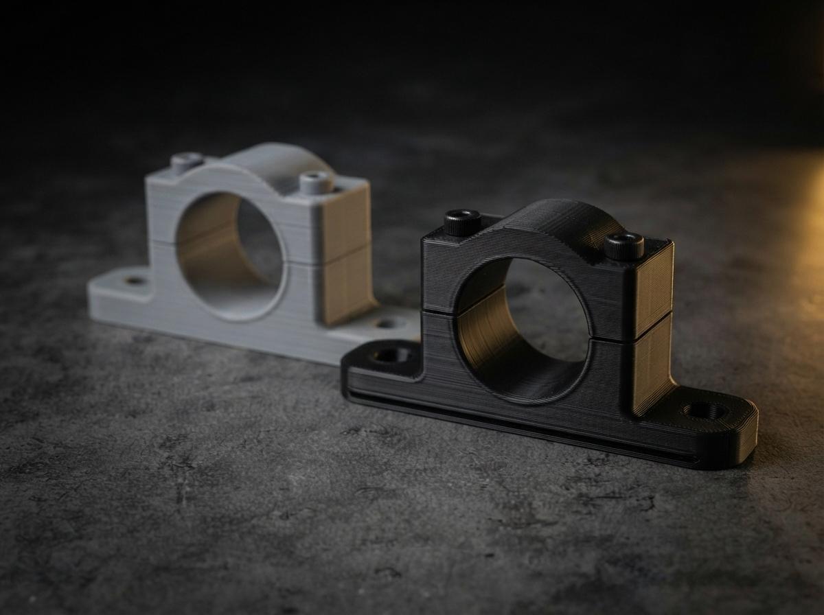 Dos iteraciones de la misma pieza impresas en 3D: la primera en filamento gris y la versión final en negro reforzado